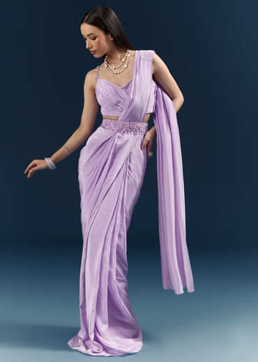 Purple Crepe Ready Pleated Saree With Heavy Embroidery