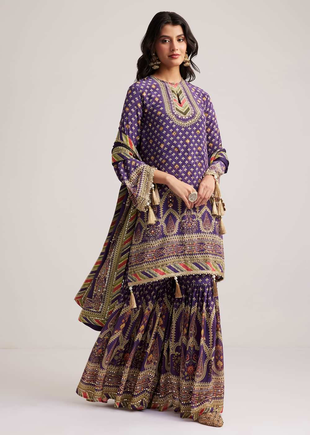 Purple Crepe Silk Sharara Set With Mirror And Sequins Work