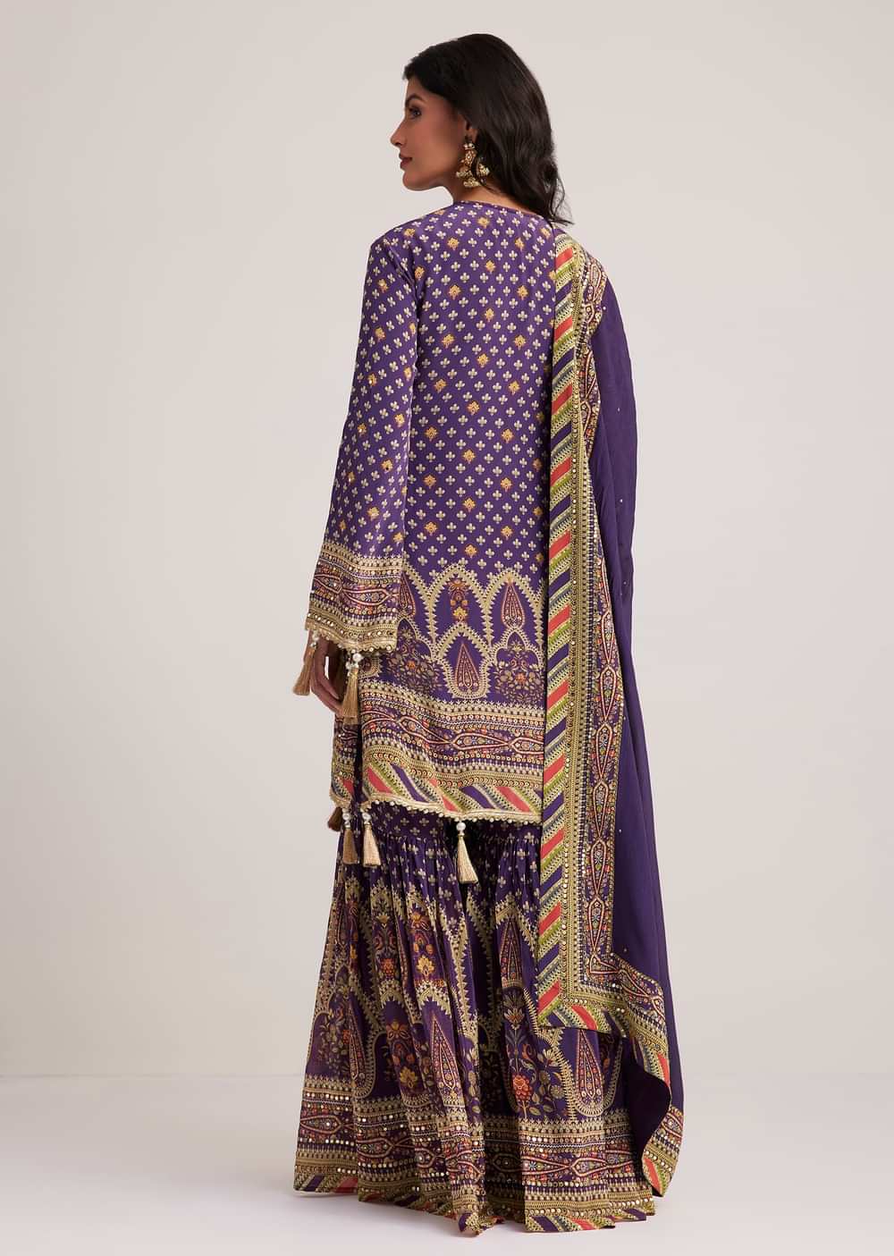 Purple Crepe Silk Sharara Set With Mirror And Sequins Work