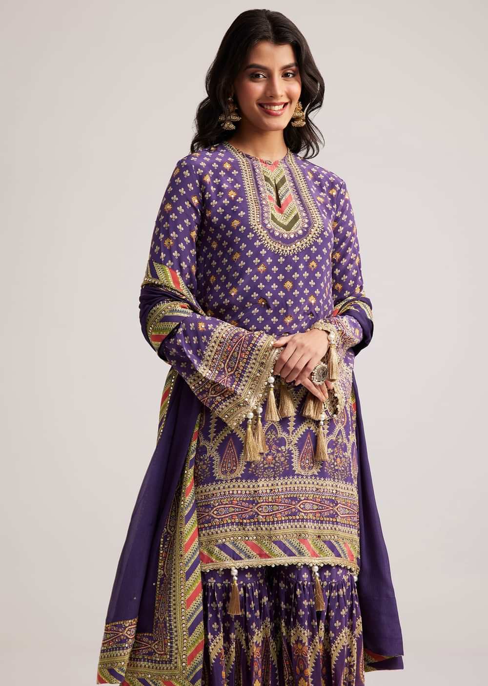 Purple Crepe Silk Sharara Set With Mirror And Sequins Work