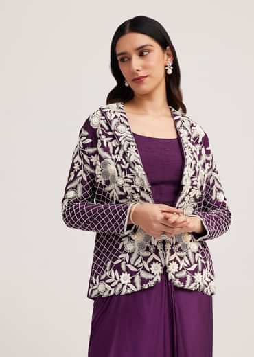 Purple Crop Top Skirt And Embroidered Jacket Set