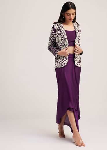 Purple Crop Top Skirt And Embroidered Jacket Set