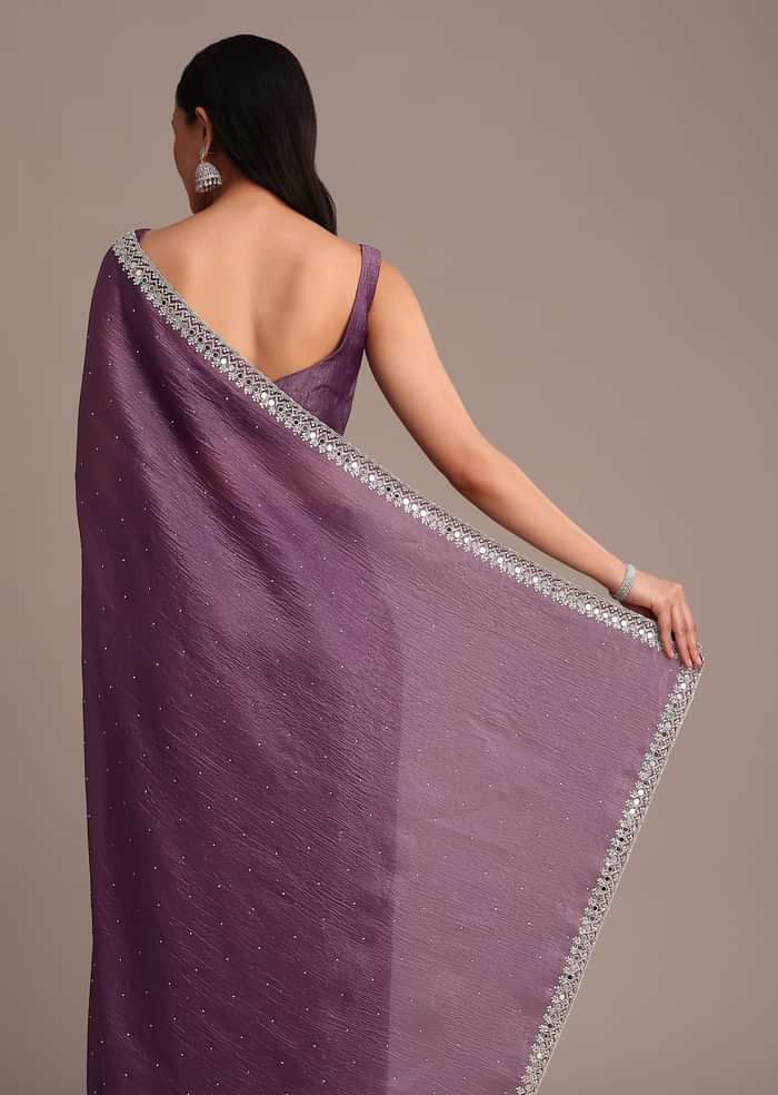 Purple Crushed Tissue Saree With Mirror And Cutdana Embellished Border