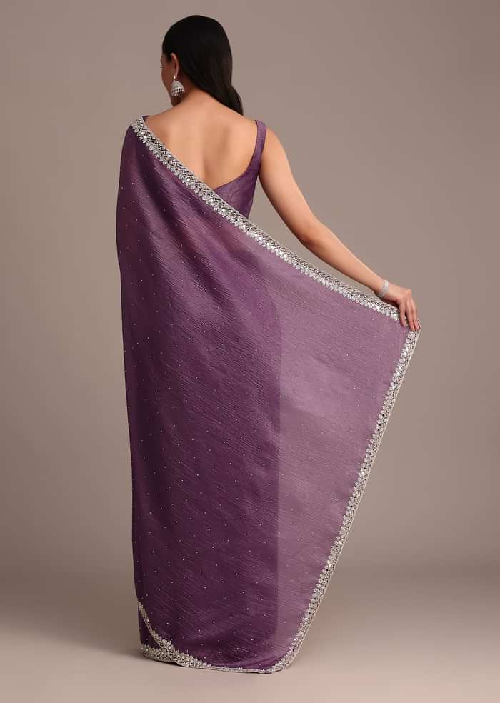 Purple Crushed Tissue Saree With Mirror And Cutdana Embellished Border