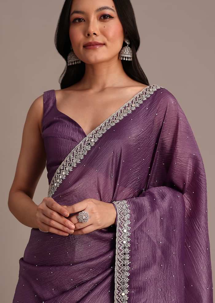 Purple Crushed Tissue Saree With Mirror And Cutdana Embellished Border