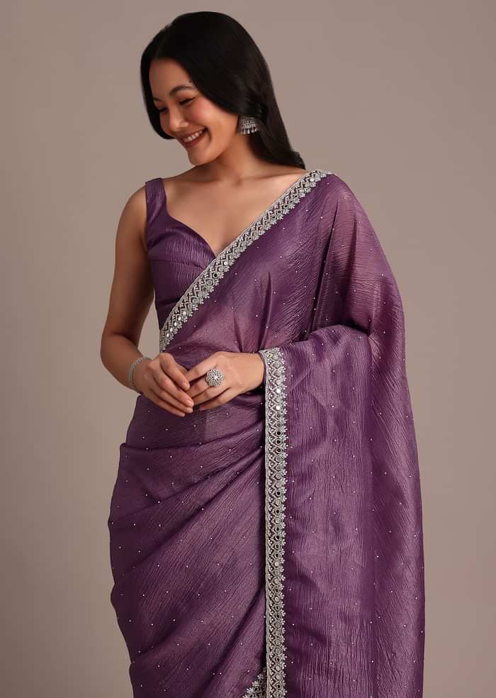Purple Crushed Tissue Saree With Mirror And Cutdana Embellished Border