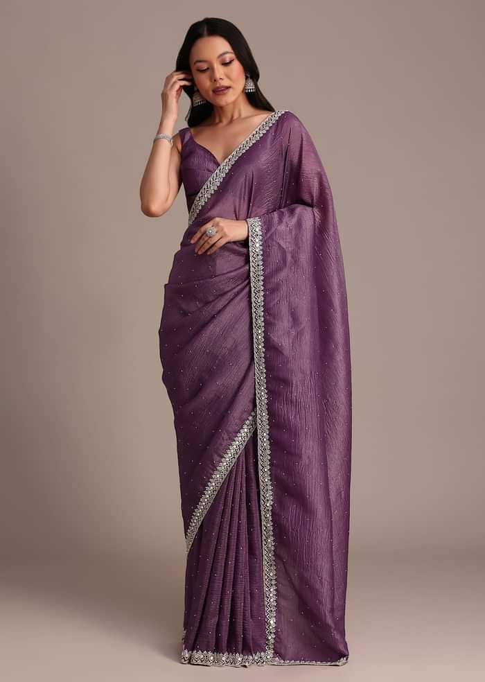 Purple Crushed Tissue Saree With Mirror And Cutdana Embellished Border