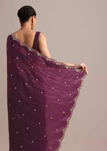 Purple Crushed Tissue Saree With Sequin And Cutdana Embroidered Border