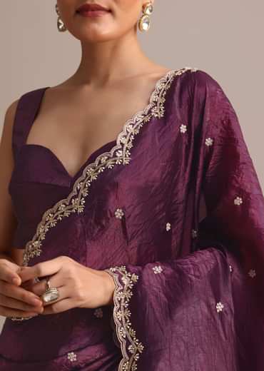 Purple Crushed Tissue Saree With Sequin And Cutdana Embroidered Border