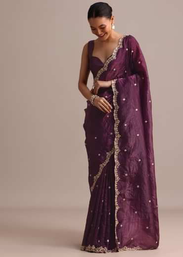 Purple Crushed Tissue Saree With Sequin And Cutdana Embroidered Border
