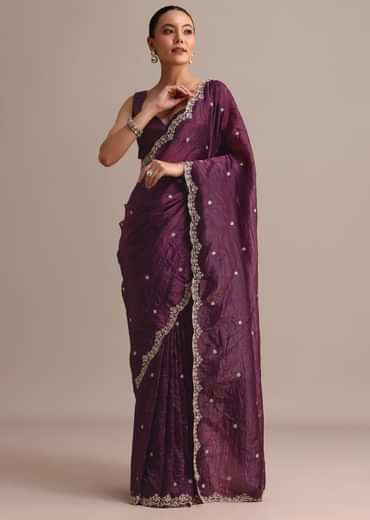 Purple Crushed Tissue Saree With Sequin And Cutdana Embroidered Border