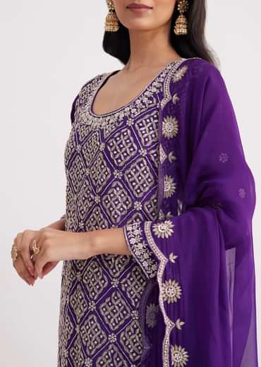 Purple Cutdana Embroidered Sharara Suit With Organza Dupatta