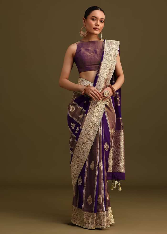 Purple Dual Shaded Khaddi Georgette Saree With Zari Brocade Pallu Border