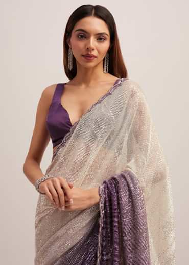 Purple Ombre Sequins Saree With Scallop Border