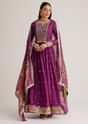 Purple Embroidered Anarkali Suit With Floral Dupatta