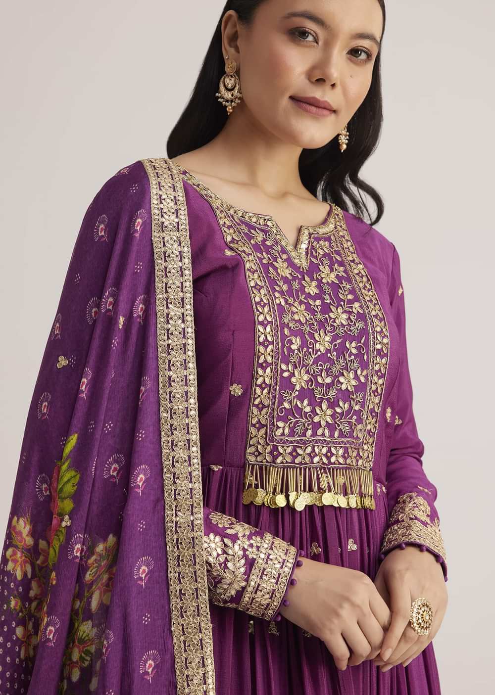 Purple Embroidered Anarkali Suit With Floral Dupatta