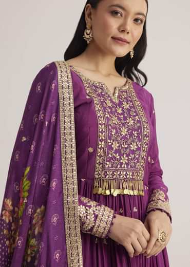 Purple Embroidered Anarkali Suit With Floral Dupatta