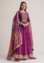 Purple Embroidered Anarkali Suit With Floral Dupatta