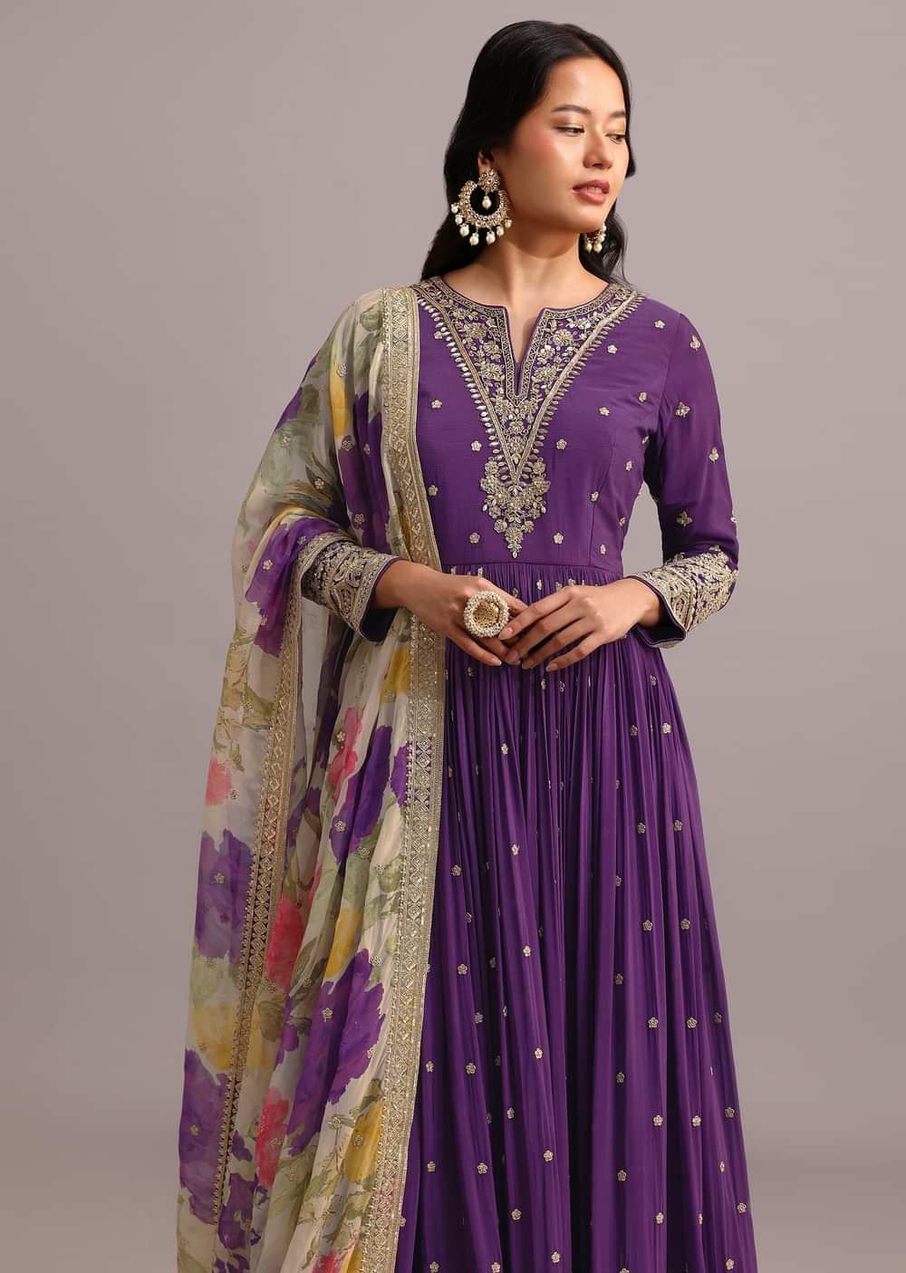 Purple Embroidered Anarkali With Floral Printed Organza Dupatta