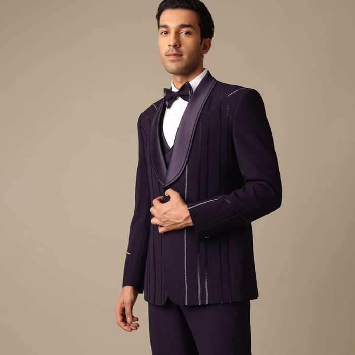 Purple Embroidered Tuxedo Set With Blazer And Pant Set