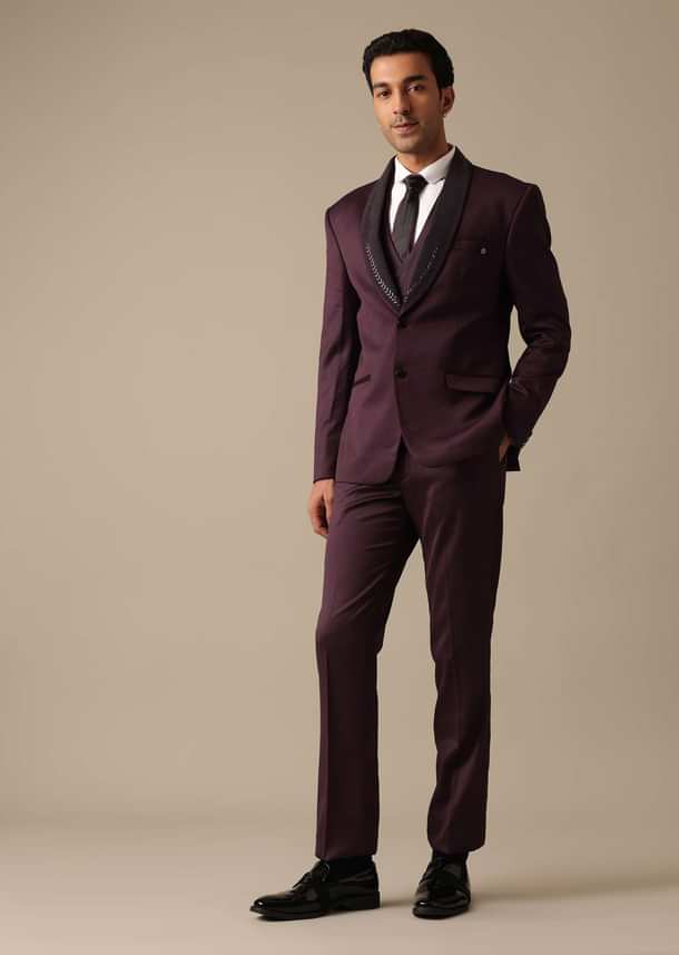 Purple Embroidered Tuxedo Set With Blazer And Pant Set In Terry Rayon