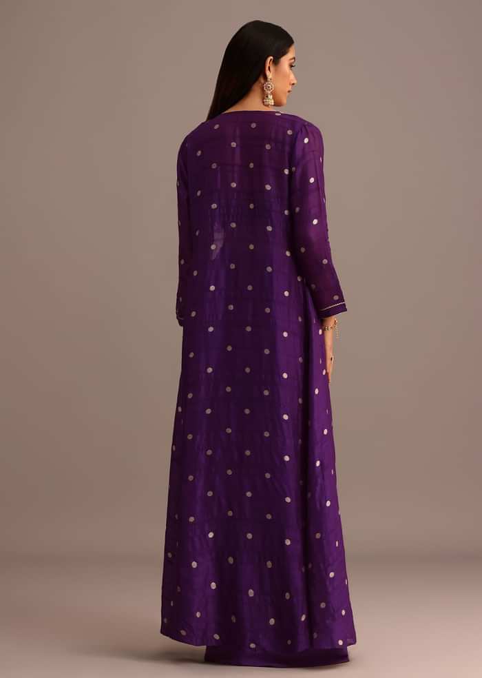 Purple Embroidered Croptop With Drape Skirt And Tussar Jacket