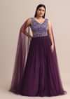 Purple Embroidered V Neck Gown With Side Cut