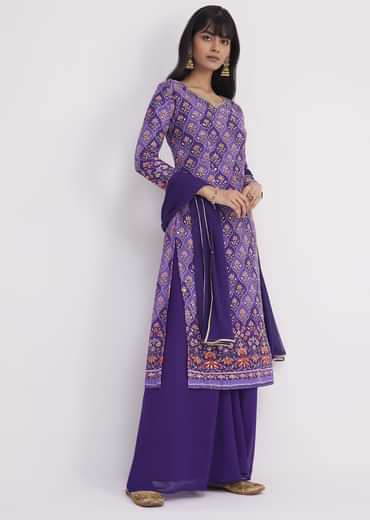 Purple Embroidered Kurta Palazzos Setss