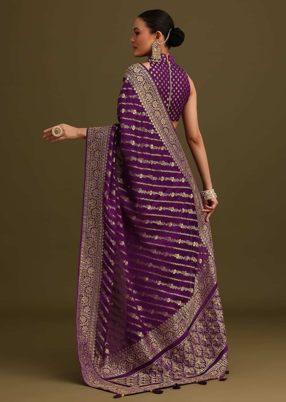 Purple Embroidered Saree With Zardosi And Cutdana Work