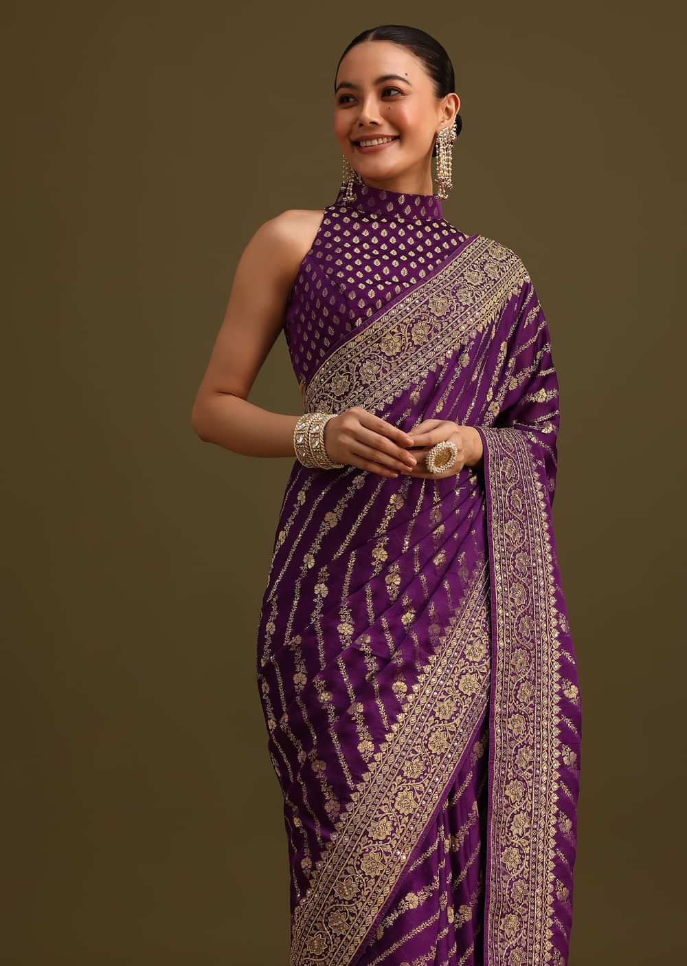 Purple Embroidered Saree With Zardosi And Cutdana Work