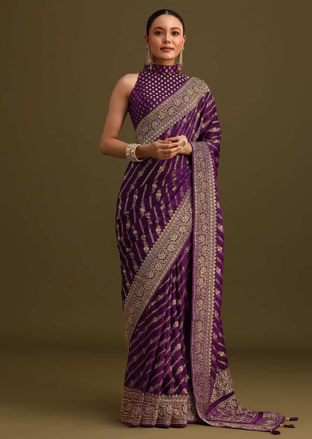Purple Embroidered Saree With Zardosi And Cutdana Work