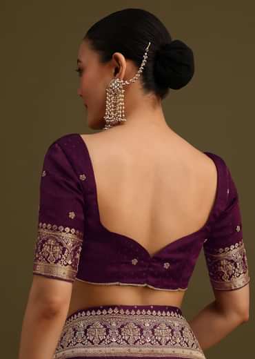 Purple Embroidered Saree With Zardosi Work And Unstitched Blouse