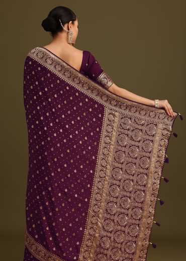 Purple Embroidered Saree With Zardosi Work And Unstitched Blouse