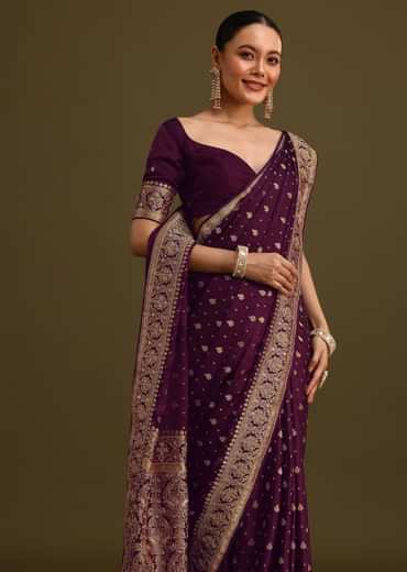 Purple Embroidered Saree With Zardosi Work And Unstitched Blouse