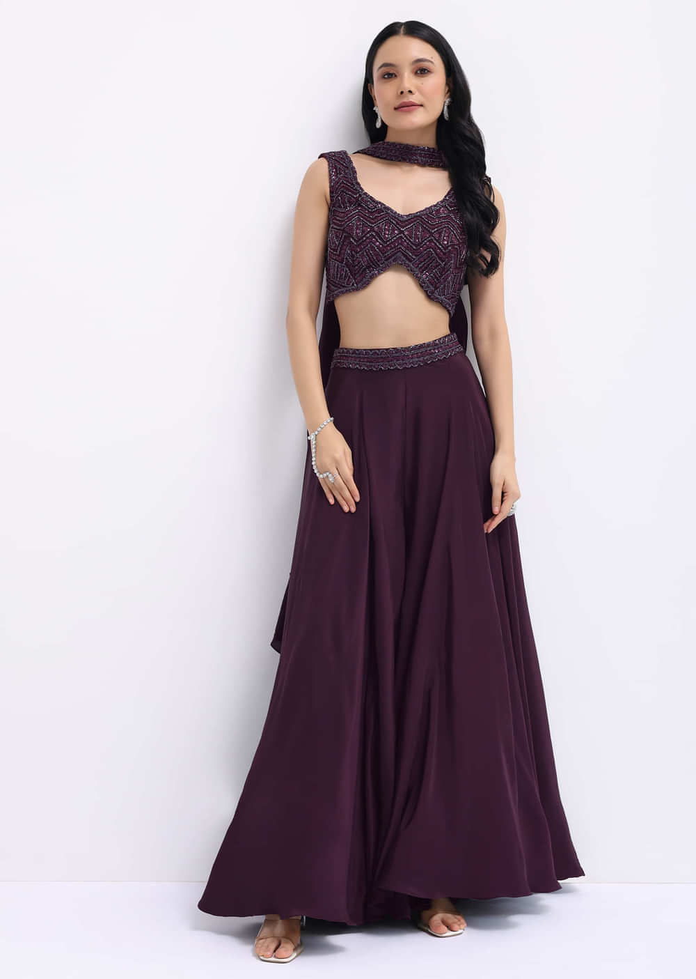 Purple Embroidered Silk Crop Top And Palazzo Set