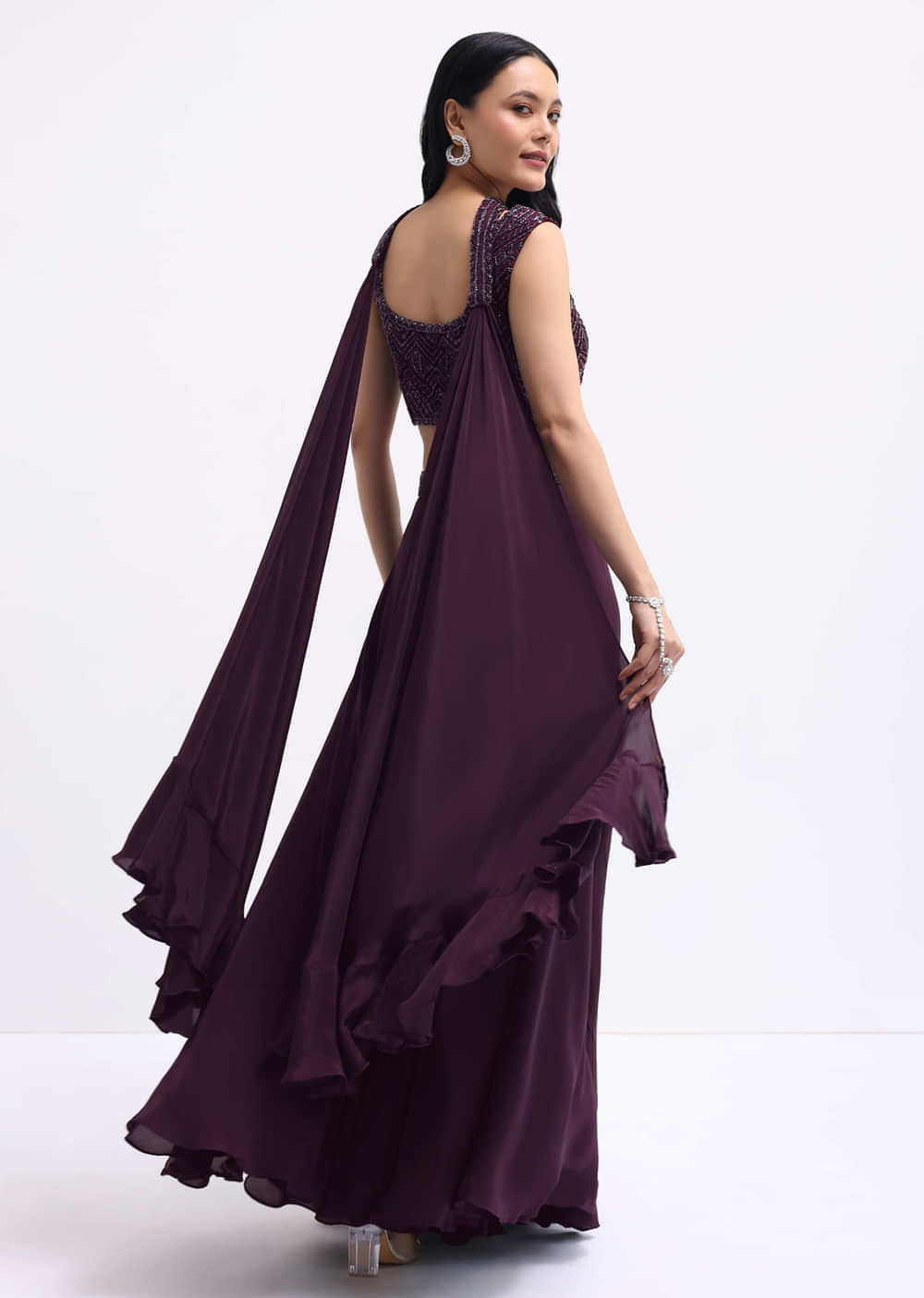 Purple Embroidered Silk Crop Top And Palazzo Set
