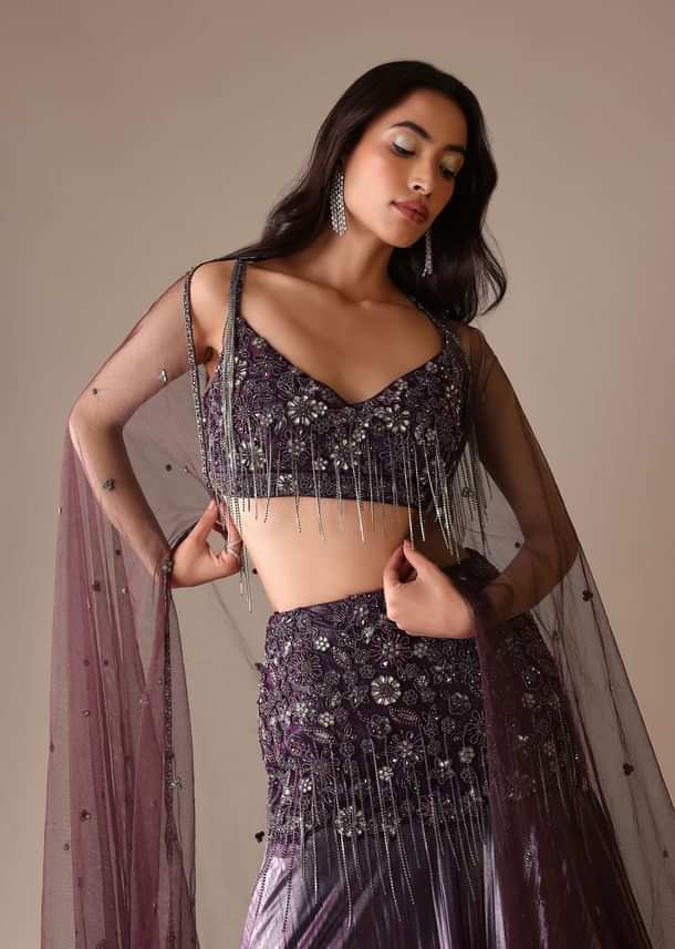 Purple Fish Cut Skirt And Blouse With Heavy Hand Embroidery