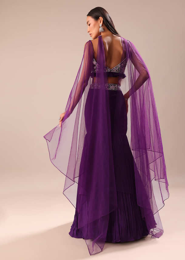 Purple Fishcut Skirt With Embroidered Blouse And Dupatta
