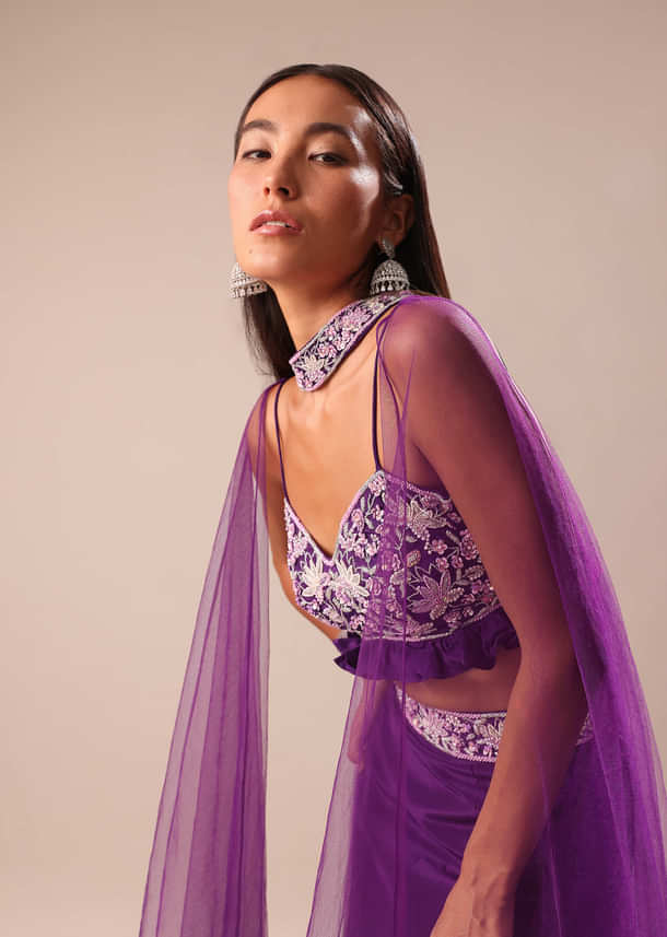 Purple Fishcut Skirt With Embroidered Blouse And Dupatta