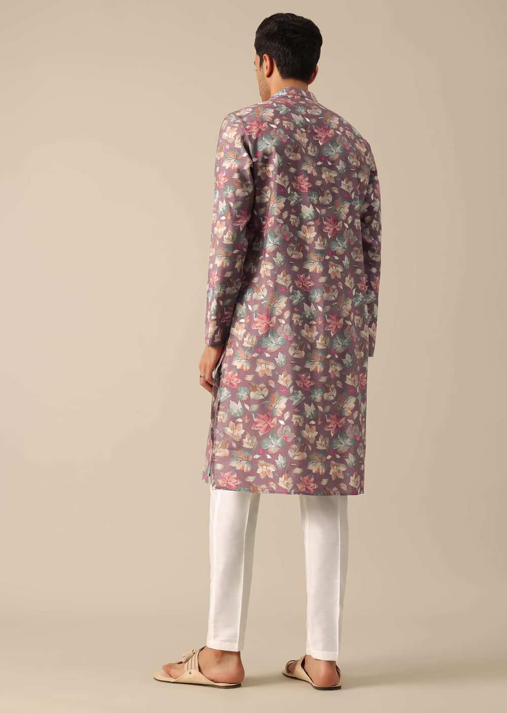 Purple Floral Print Kurta Set In Silk