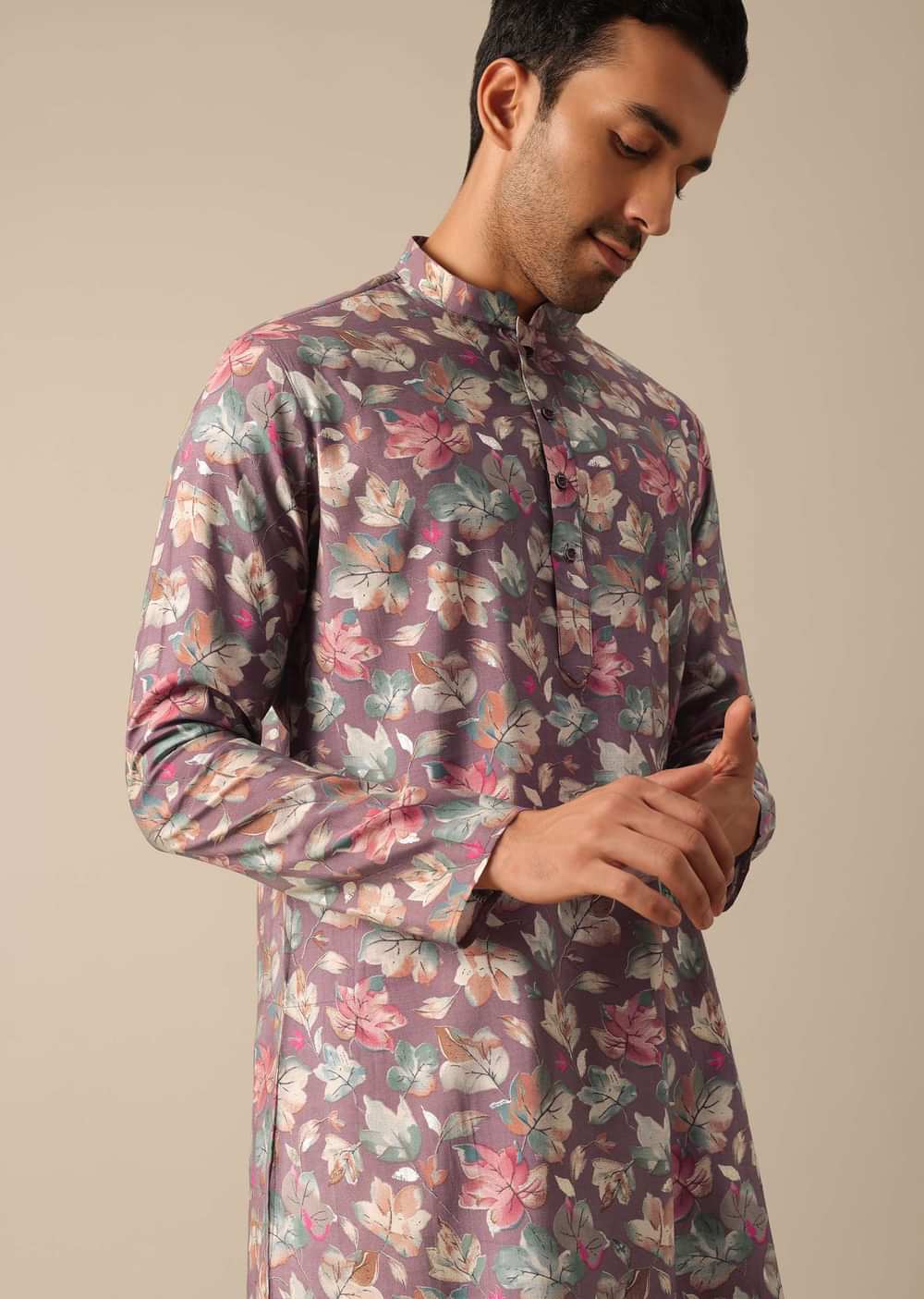 Purple Floral Print Kurta Set In Silk