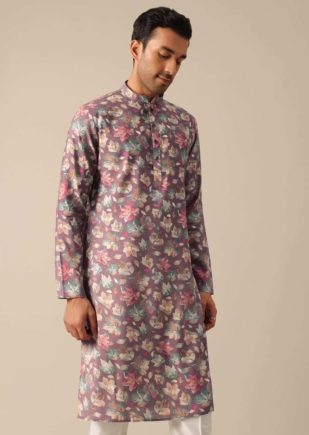 Purple Floral Print Kurta Set In Silk