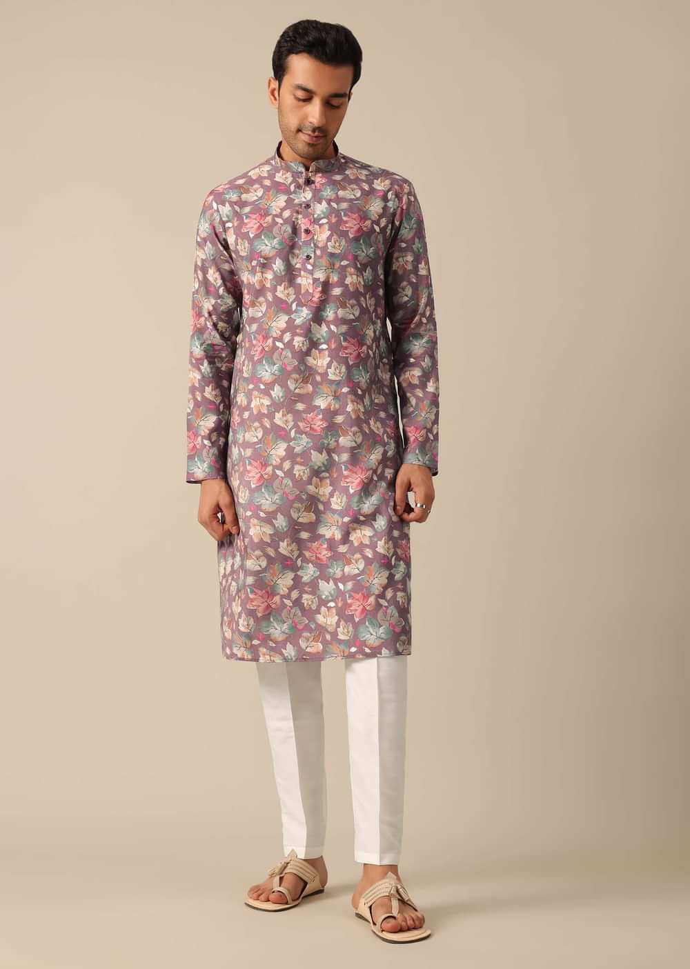 Purple Floral Print Kurta Set In Silk