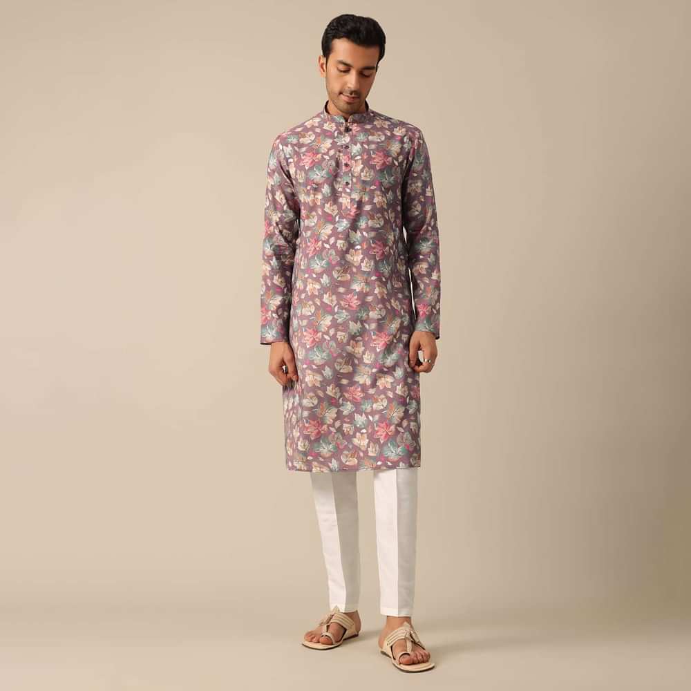 Purple Floral Print Kurta Set In Silk