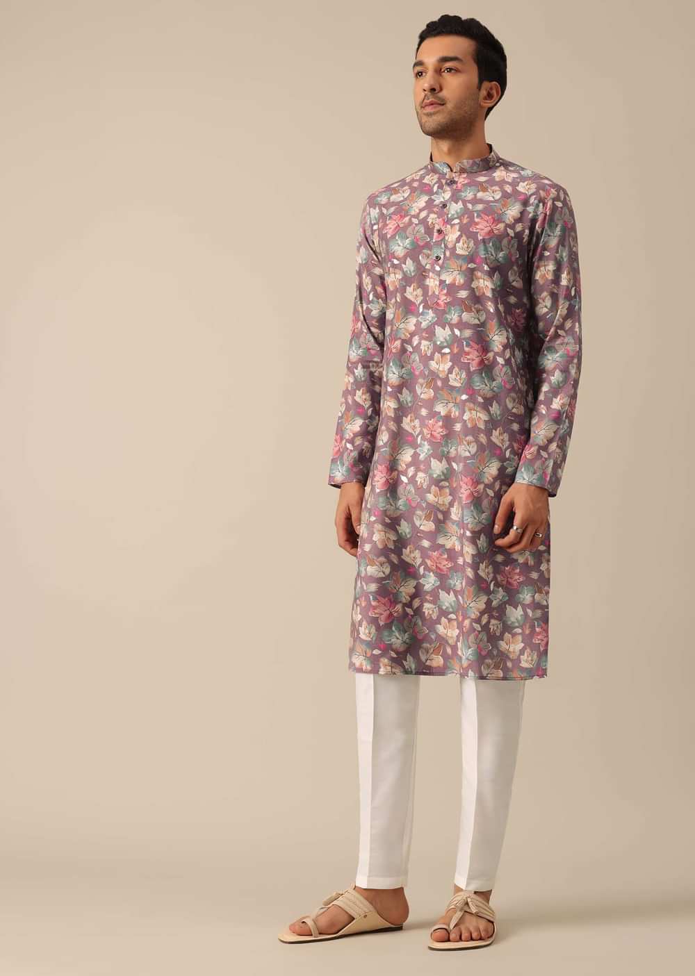 Purple Floral Print Kurta Set In Silk