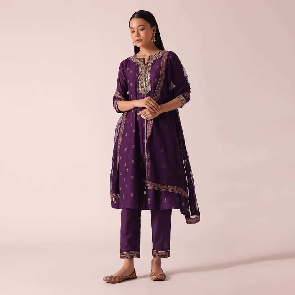 Purple Floral Print Kurta Set With Gota Lace Embroidery