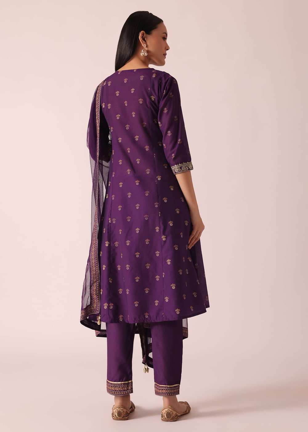 Purple Floral Print Kurta Set With Gota Lace Embroidery
