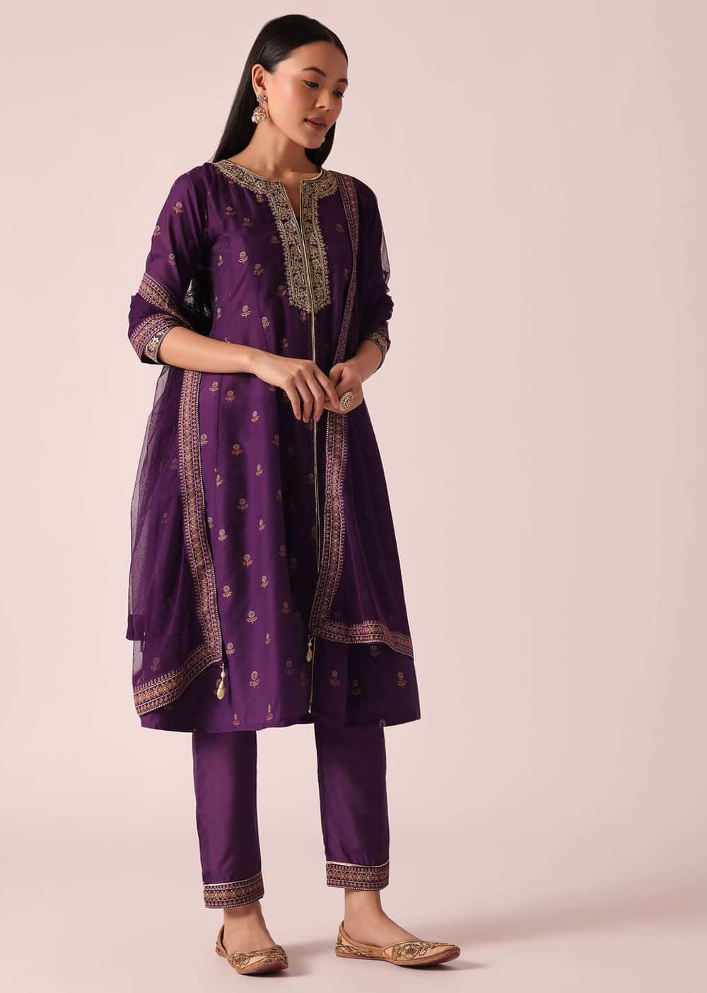 Purple Floral Print Kurta Set With Gota Lace Embroidery