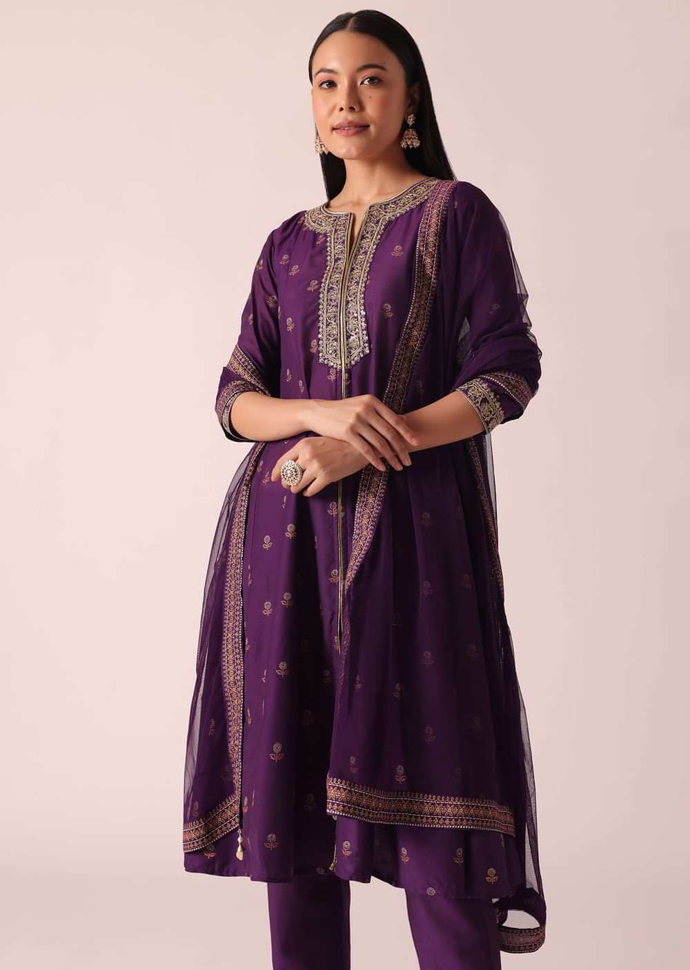 Purple Floral Print Kurta Set With Gota Lace Embroidery