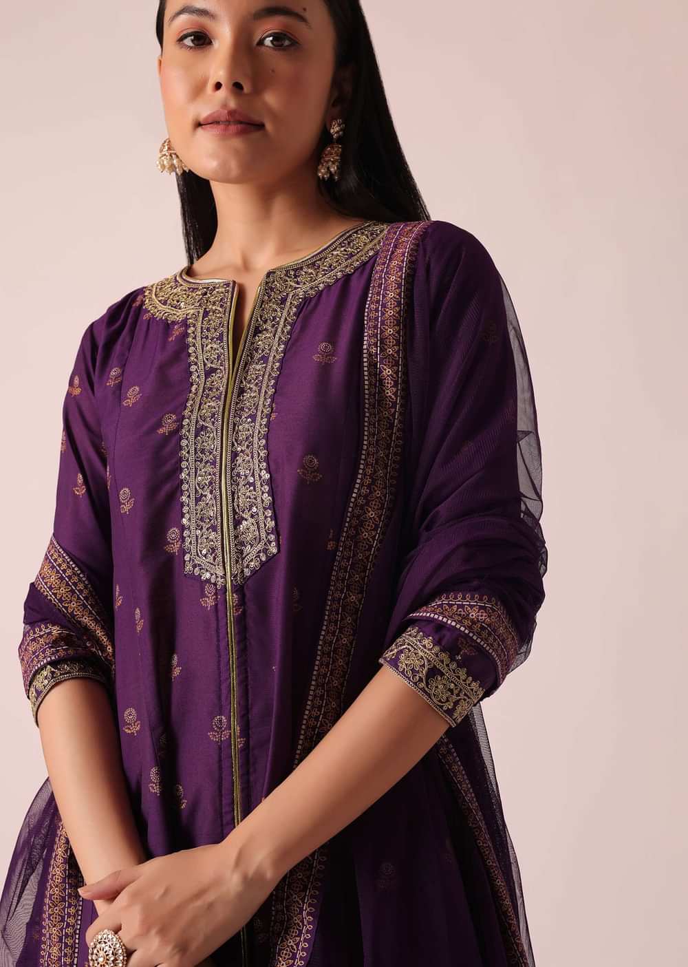 Purple Floral Print Kurta Set With Gota Lace Embroidery